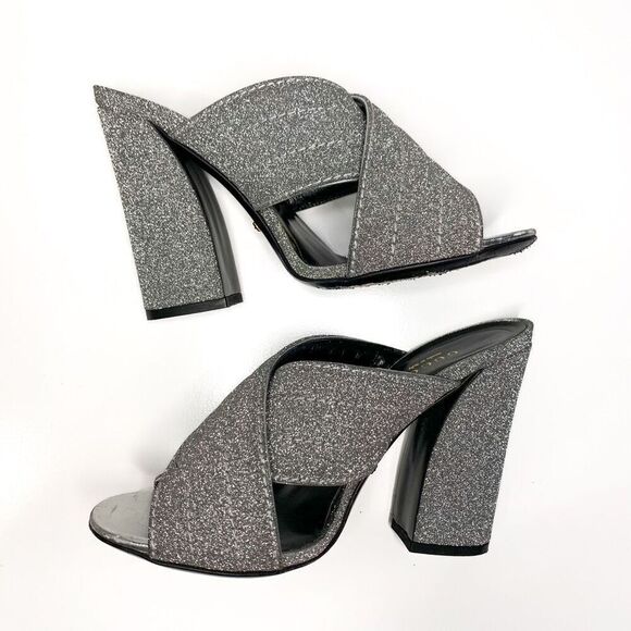 Gucci Webby Mules EU 36.5 US 6.5 Silver Glitter Block Heel Criss Cross Sandals - Picture 6 of 9